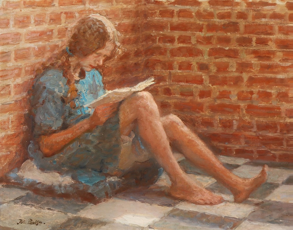 A girl reading by a brick wall, showcasing a moment of tranquility.