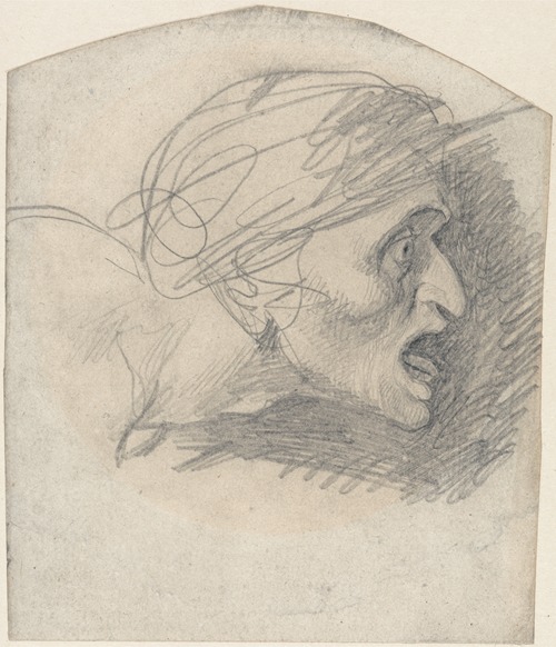 This painting features a grotesque head in profile, showcasing intricate details and expressive features.