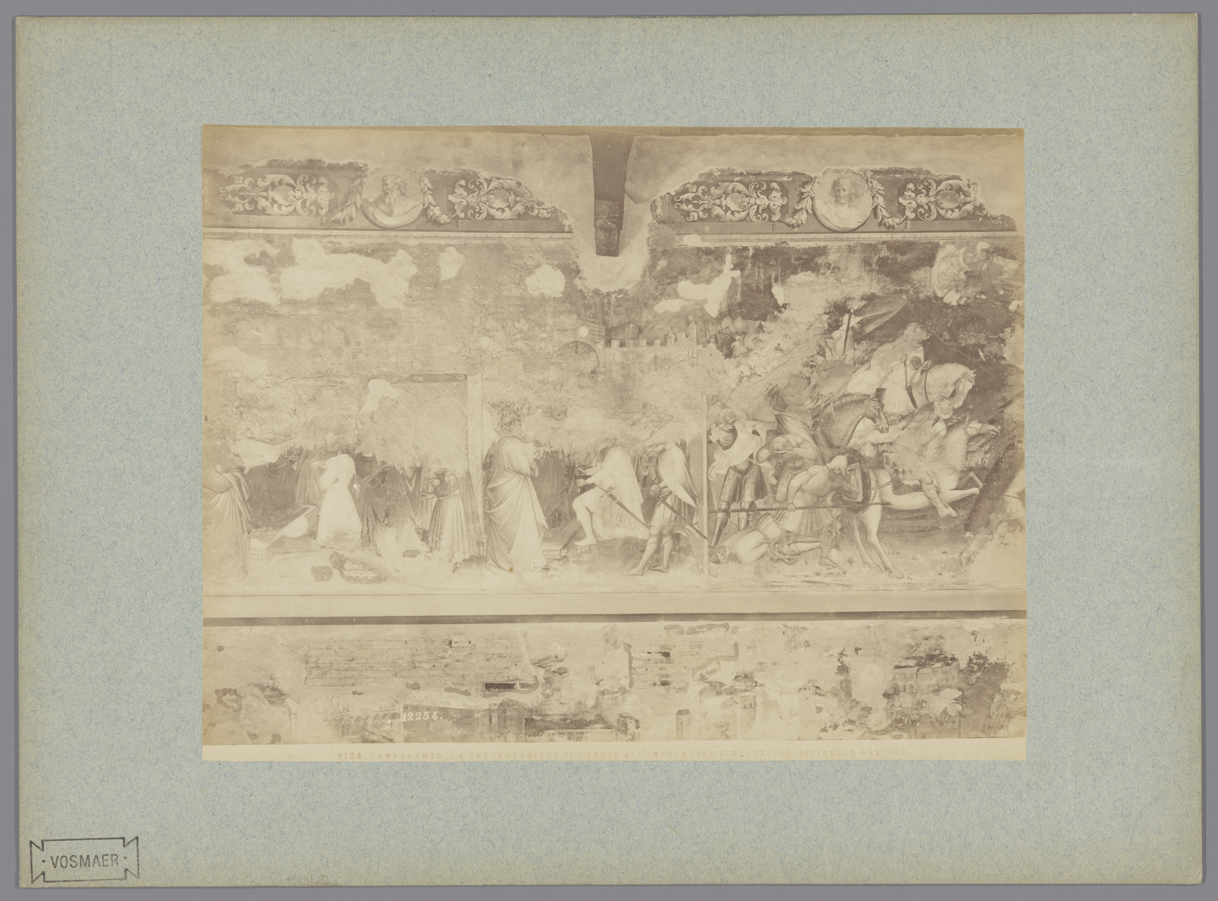 Fotoreproductie van het fresco De presentatie van Sint Ephysius aan keizer Diocletianus naar Spinello Aretino in het Camposanto te Pisa, Italië, by Fratelli Alinari, public domain