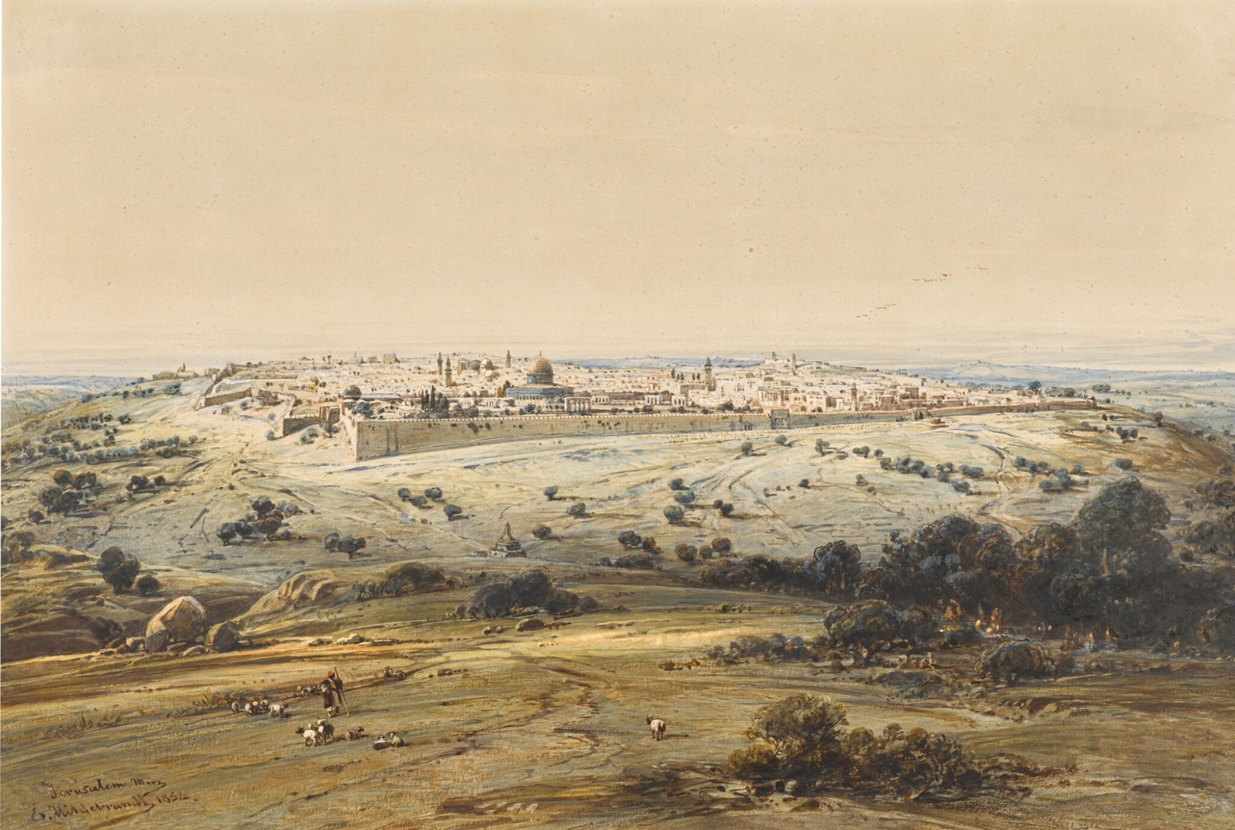 Jerusalem from the Mount of Olives, oil on canvas by Eduard Hildebrandt, featuring olive trees and ancient city walls.