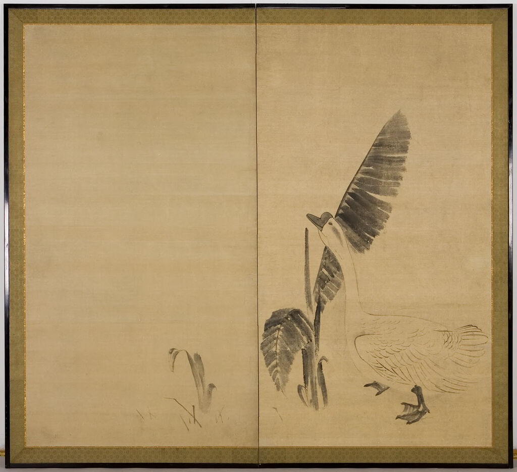 Goose and Small Banana Leaf by Maruyama Ōkyo, ink on paper, featuring a poised goose and banana leaf.