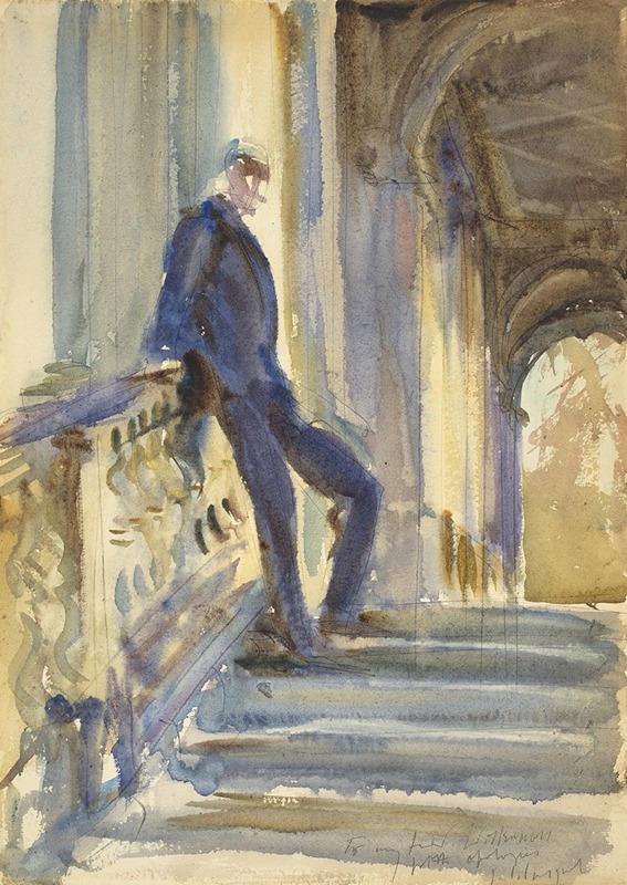 A portrait of Sir Neville Wilkinson standing on the steps of a Palladian bridge.