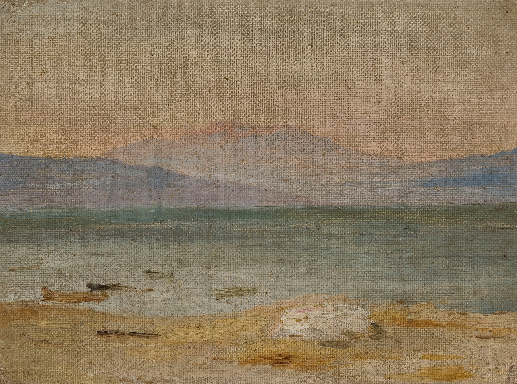 The Sea of Galilee oil painting by Jan Ciągliński depicting sunset reflections on water.