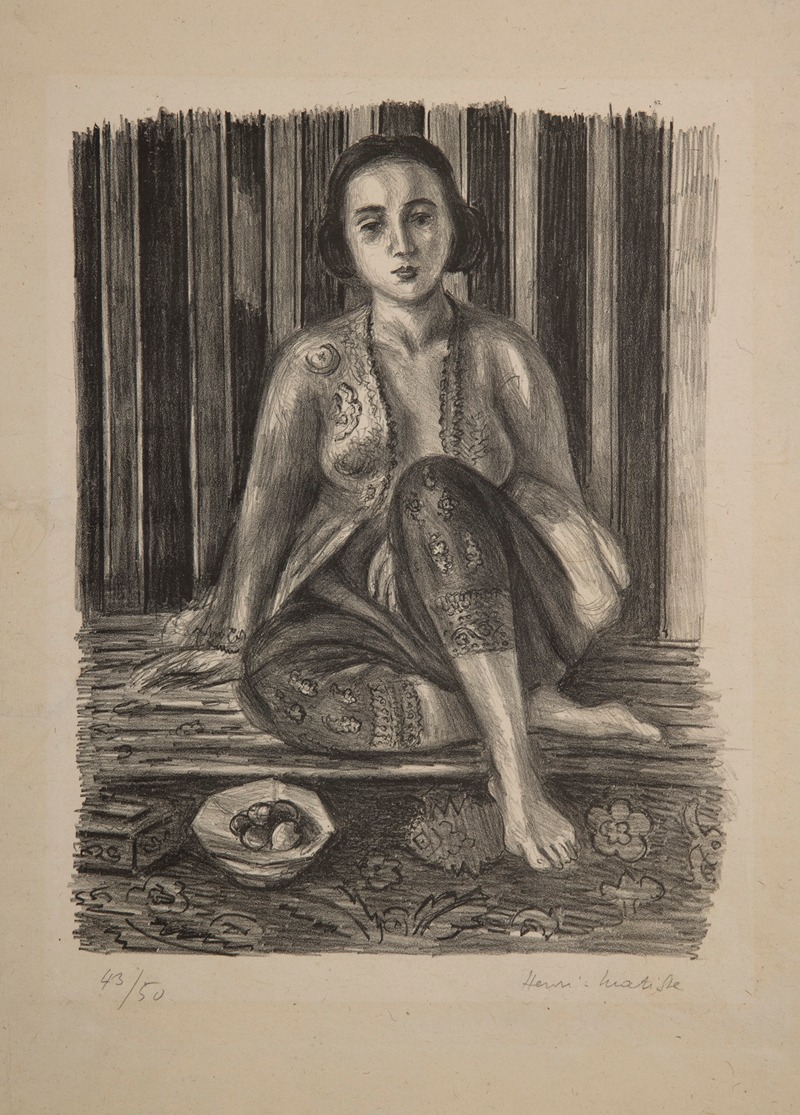 Henri Matisse's 'Odalisque with a Bowl of Fruit' features vibrant colors and a serene figure.