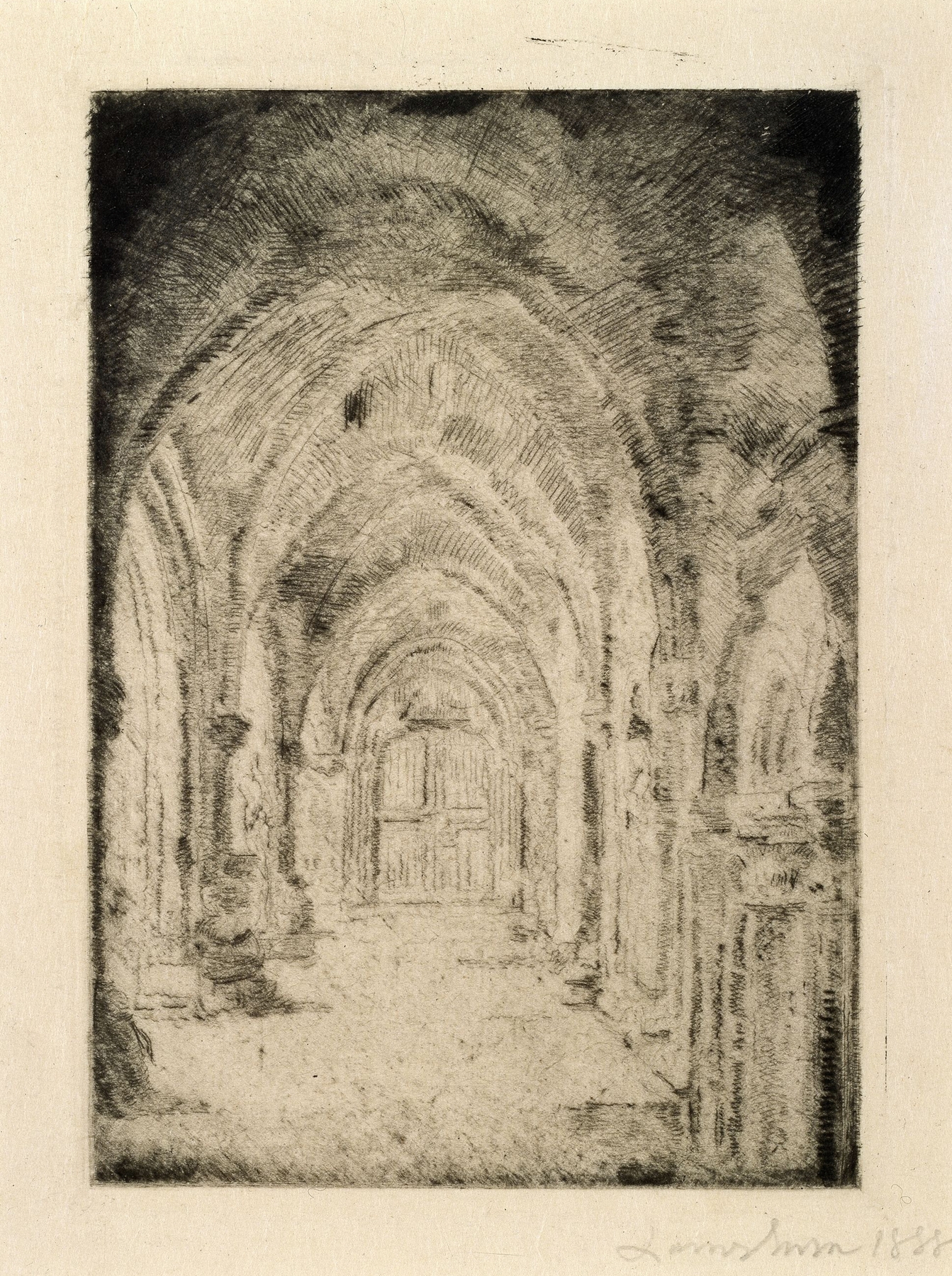 Interior scene with ghostly faces in darkness, oil painting by James Ensor