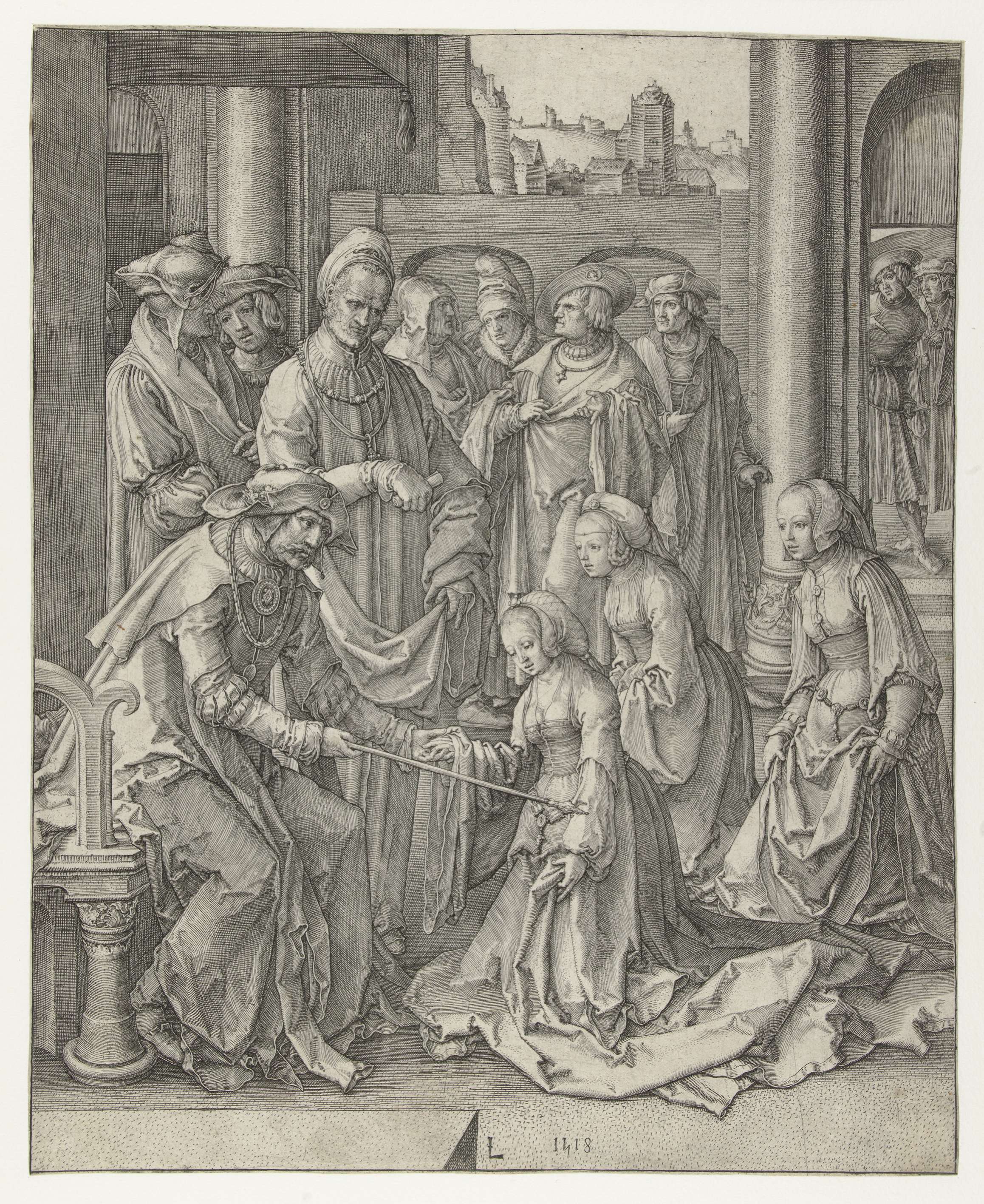 Engraving by Lucas van Leyden of Esther kneeling before Ahasverus, highlighting her gown and emotions.