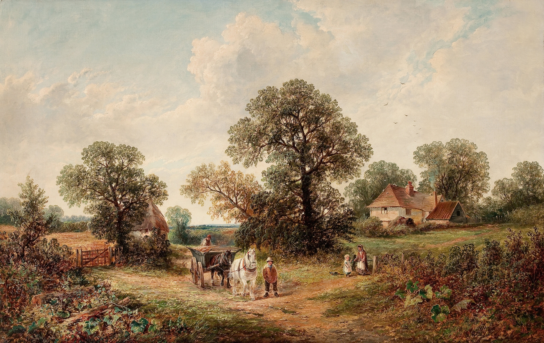 Sussex Landscape by James Edwin Meadows, oil on canvas depicting a rural scene with a hay cart and rolling hills.