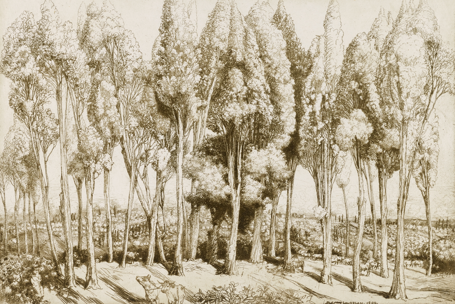 Landscape featuring vibrant hues of gold and green by Donald Shaw MacLaughlan