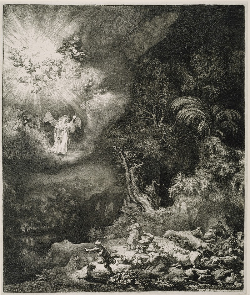 Rembrandt's 'The Angel Appearing to the Shepherds' depicts a divine moment of revelation.