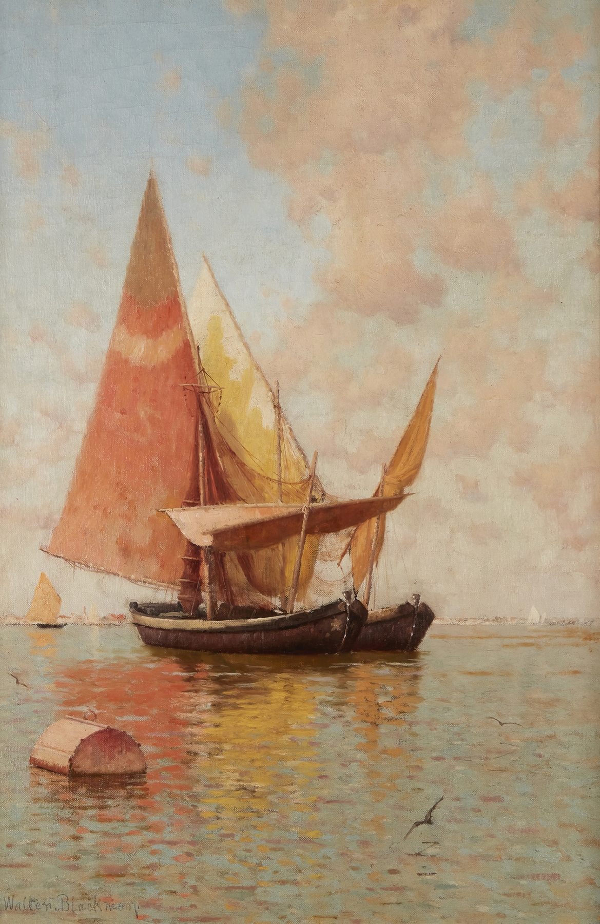 Sailing in a Venetian Lagoon, oil on canvas by Walter Blackman, featuring a sailboat on tranquil waters.