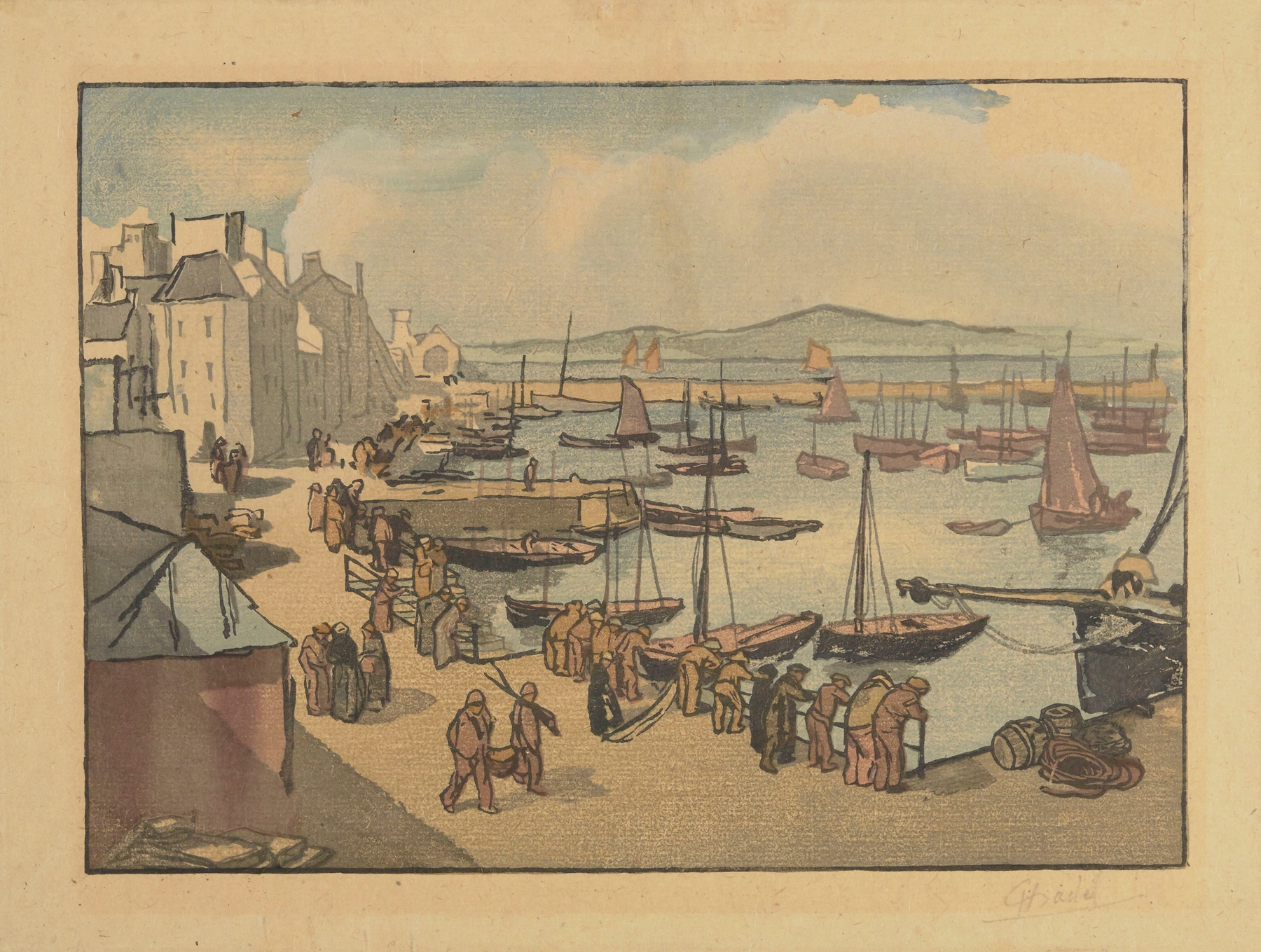 Le port de commerce de Douarnenez, oil on canvas by Jules Chadel, depicting a harbor scene with boats and water.