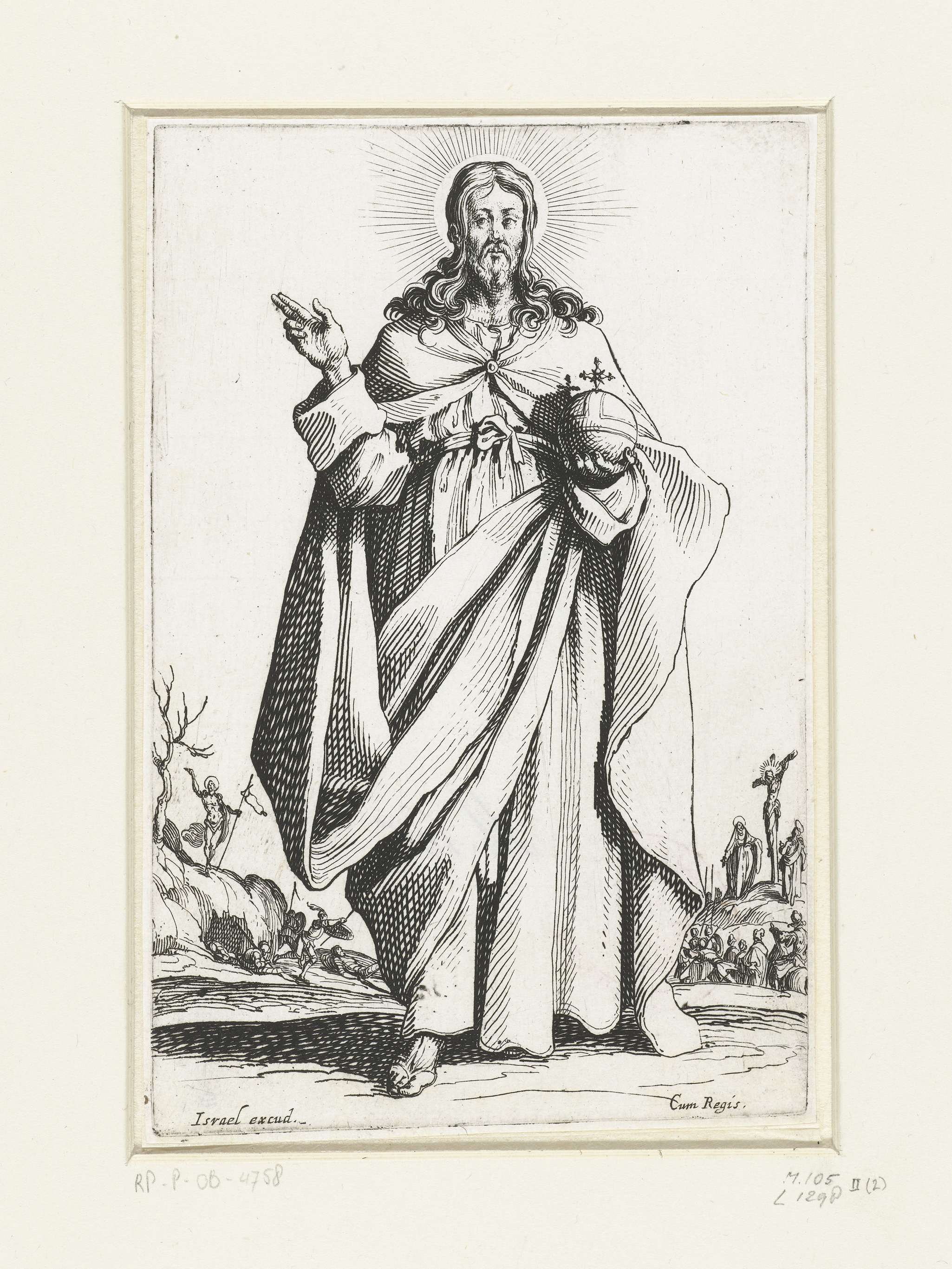 Christ as Salvator Mundi, etching by Jacques Callot, illuminated by gentle light.