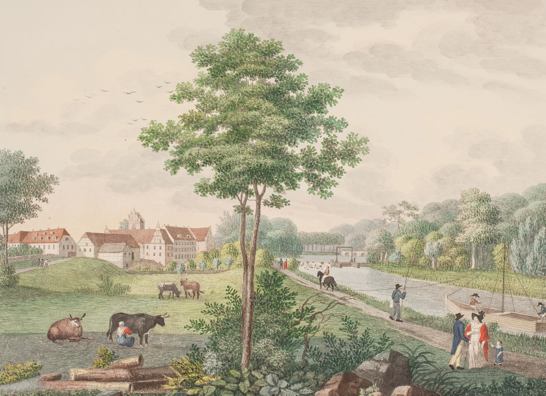 Landscape with a lake and manor by Søren L. Lange, oil painting