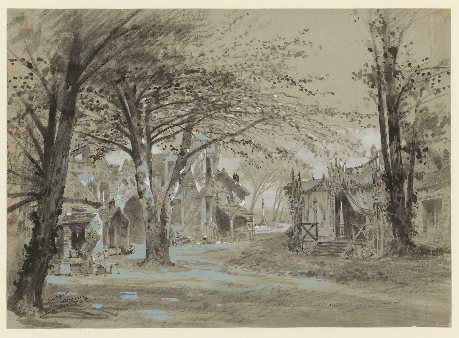 La Montansier – maquette de décor – entrée de petite ville, tribune ornée de drapeaux à droite, by Alfred Lemeunier, public domain