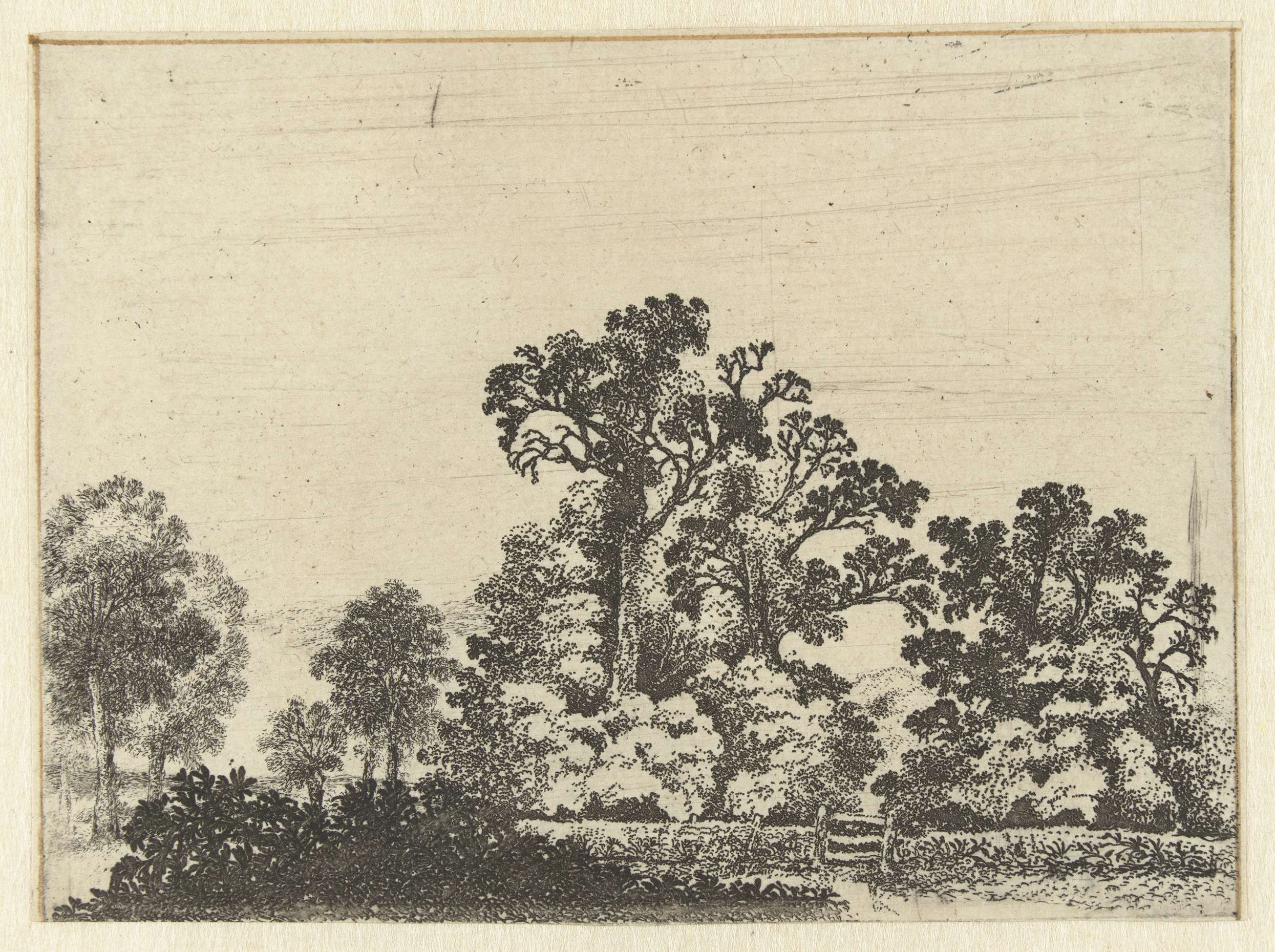 Landschap met gesloten hekje by Jan van Brosterhuyzen, etching of a tranquil landscape with a closed gate.