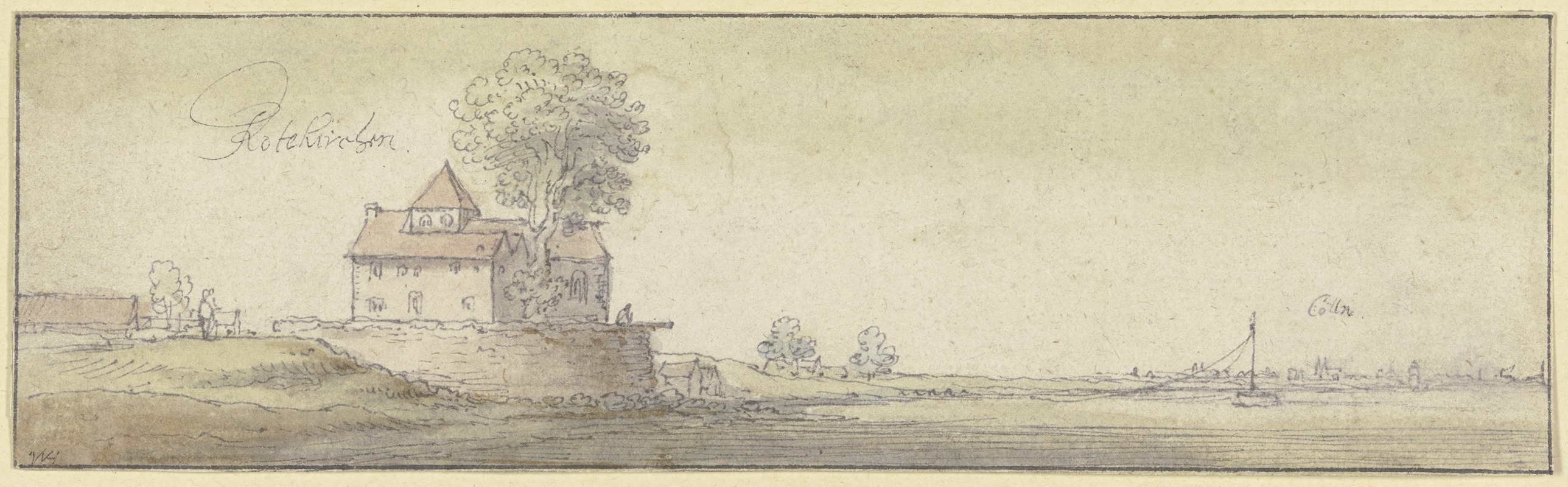 A serene landscape painting featuring a small church and a distant city skyline.