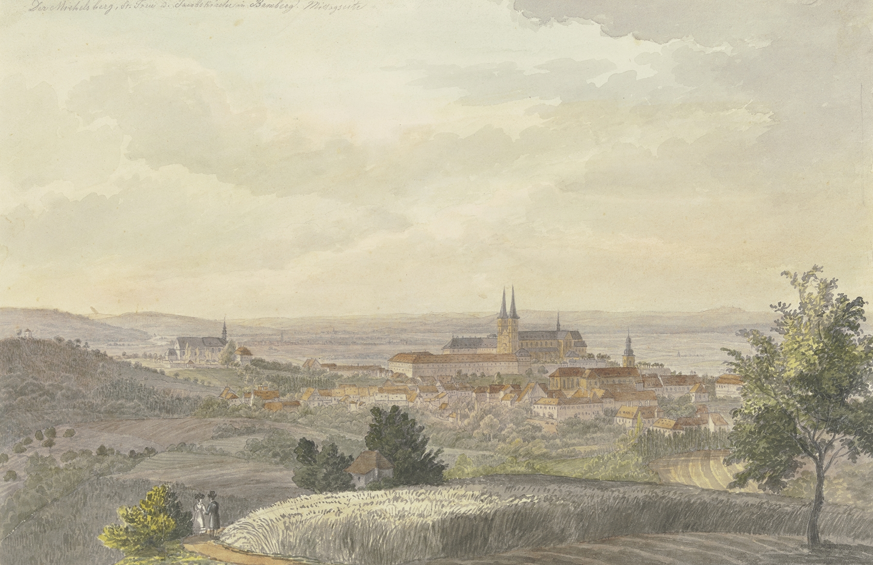 Landscape of Bamberg with hills and spires by Johann Adam Klein, oil painting.