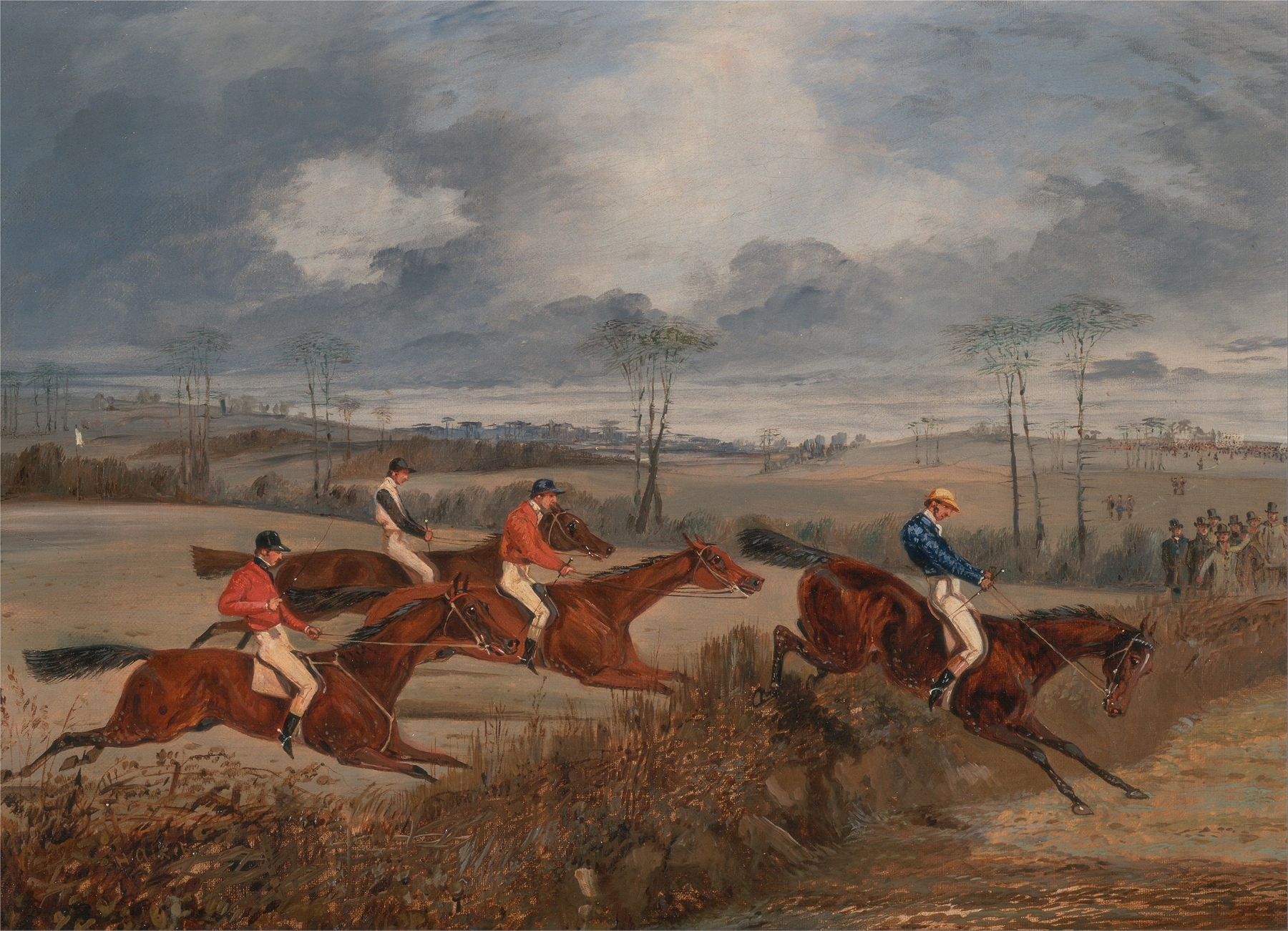 Scenes from a steeplechase: Taking a Hedge, by Henry Thomas Alken, public domain
