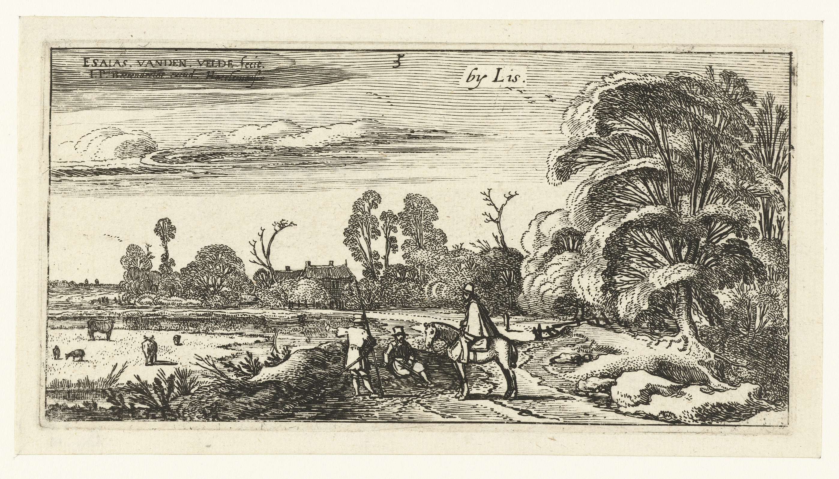 Ruiter en wandelaars op een weg bij Lisse, by Esaias van de Velde, public domain