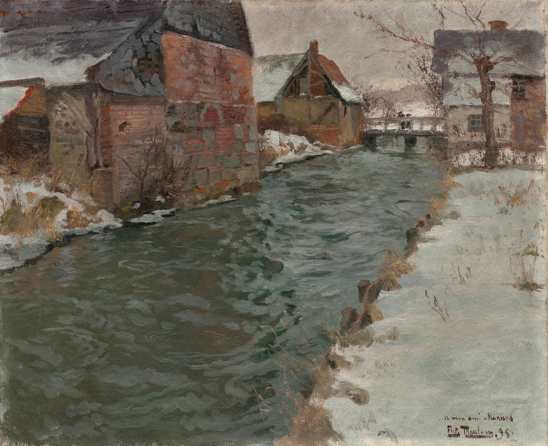 Hameau en bord de rivière by Frits Thaulow, oil painting depicting a tranquil riverside village.