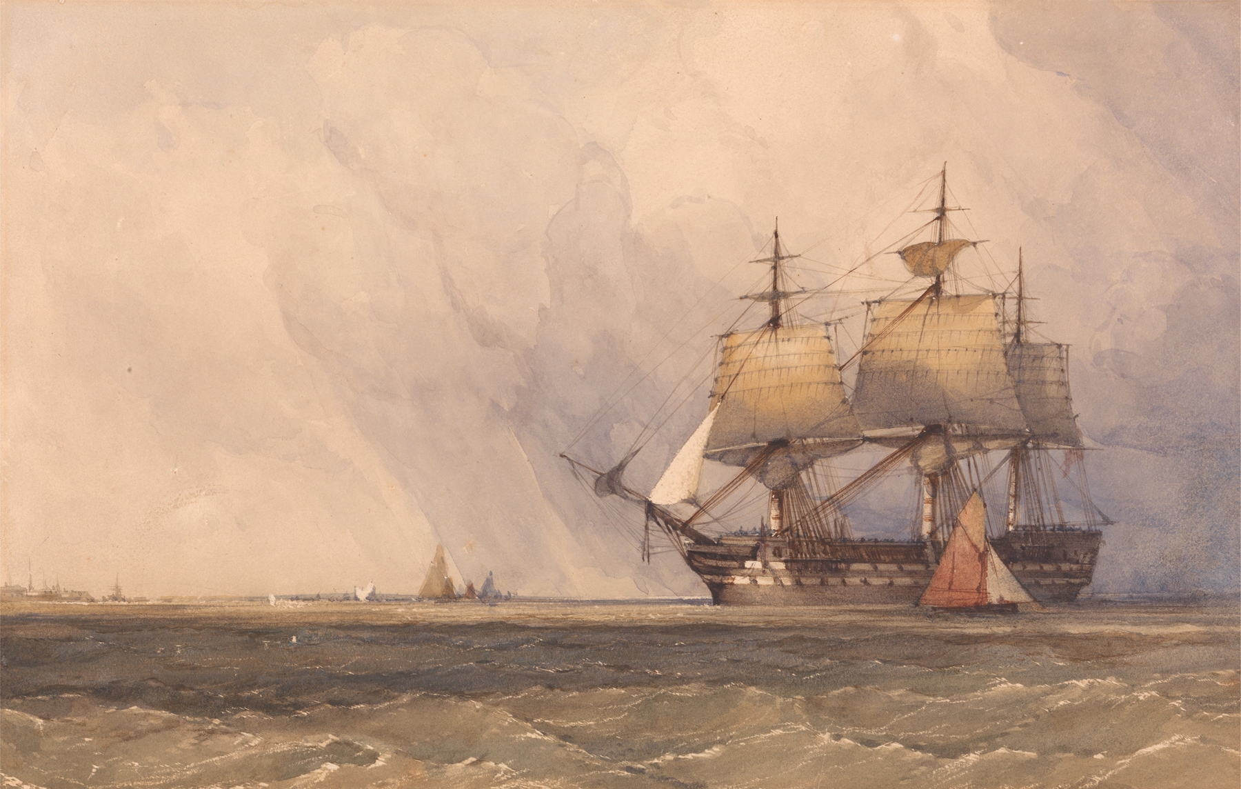 Coast Scene with Shipping, oil on canvas by Charles Bentley showing a serene marine landscape.