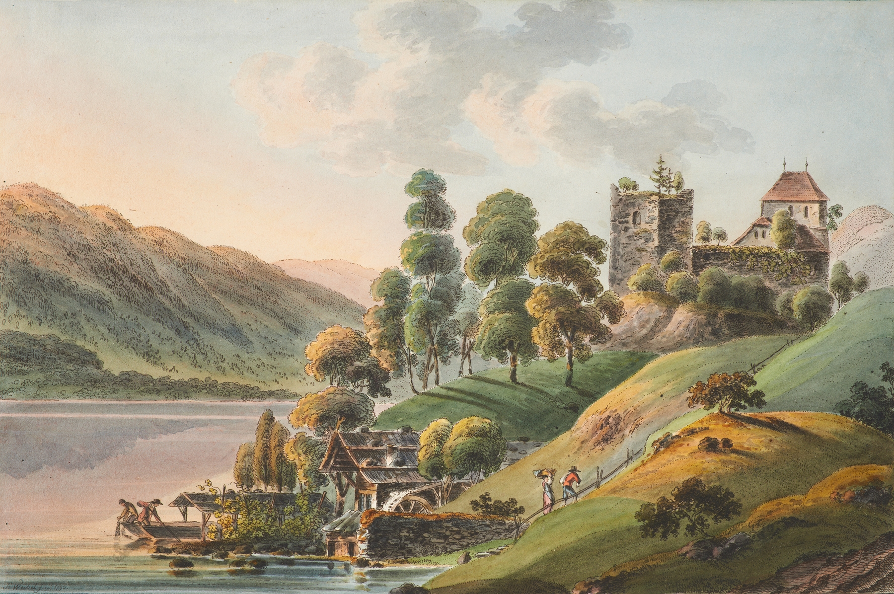 Vue du Chateau de Ringenberg au Lac de Brienz, by Jakob Samuel Weibel, public domain