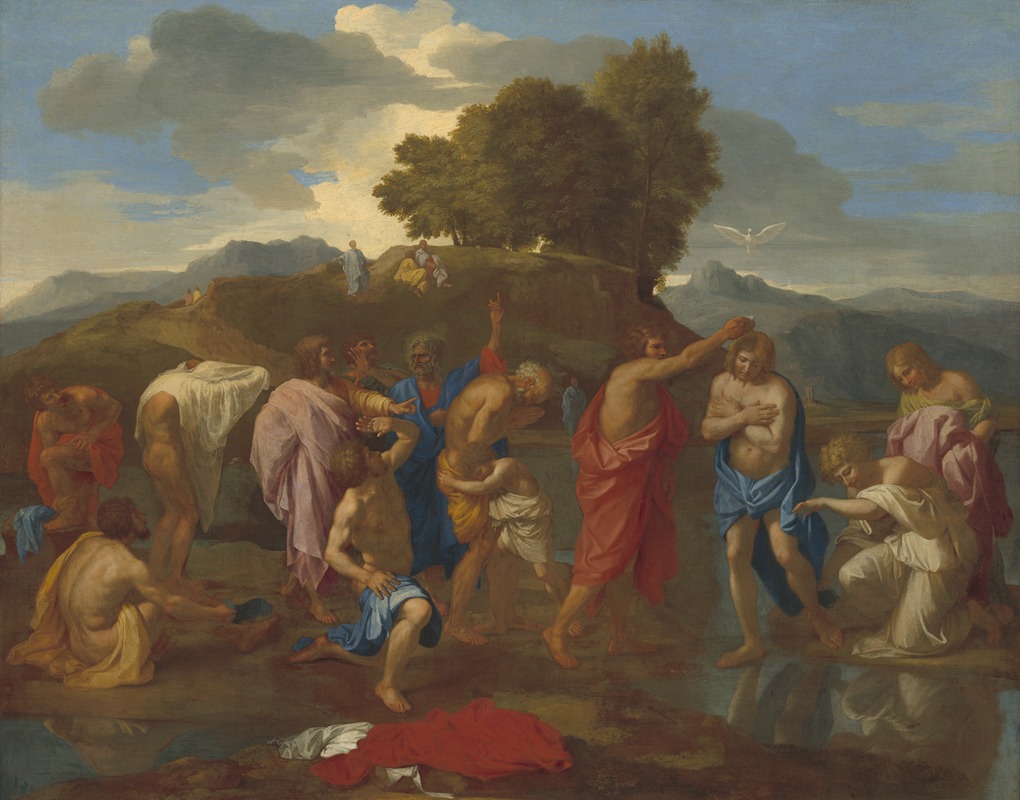 The Baptism of Christ by Nicolas Poussin depicts a significant biblical event.
