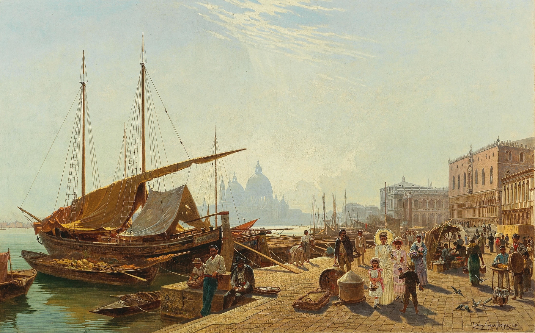 Die Riva schiavoni in Venedig by Ludwig Hans Fischer, impressionism, depicting shimmering water and reflections.