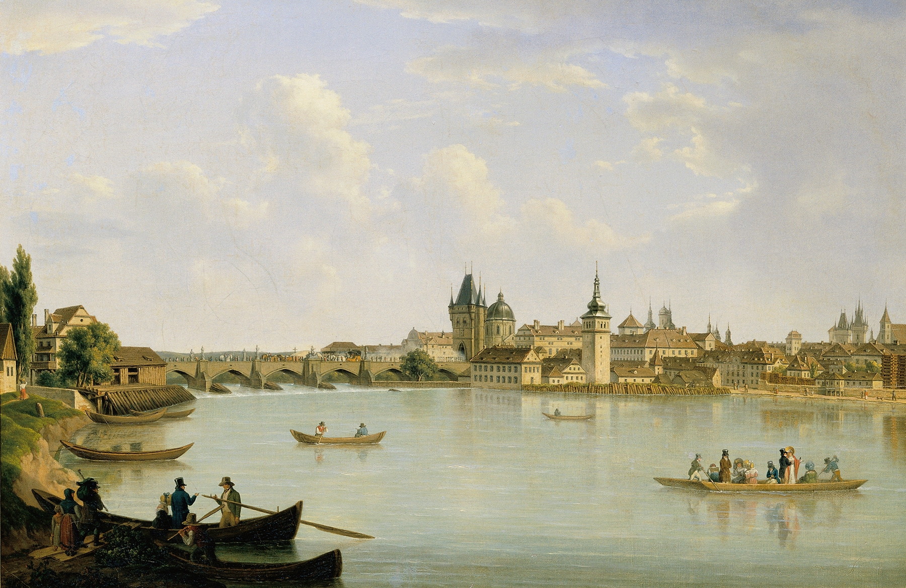 Landscape oil painting by Alois von Saar depicting Prague with the Charles Bridge and fog.