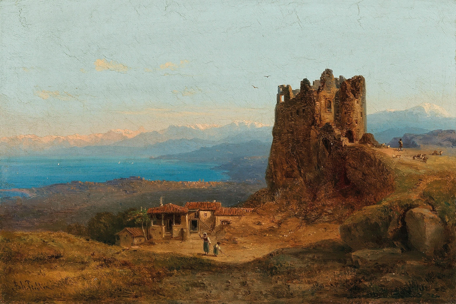 Landscape of the Bay of Trieste by Bernhard Fiedler, pastel artwork