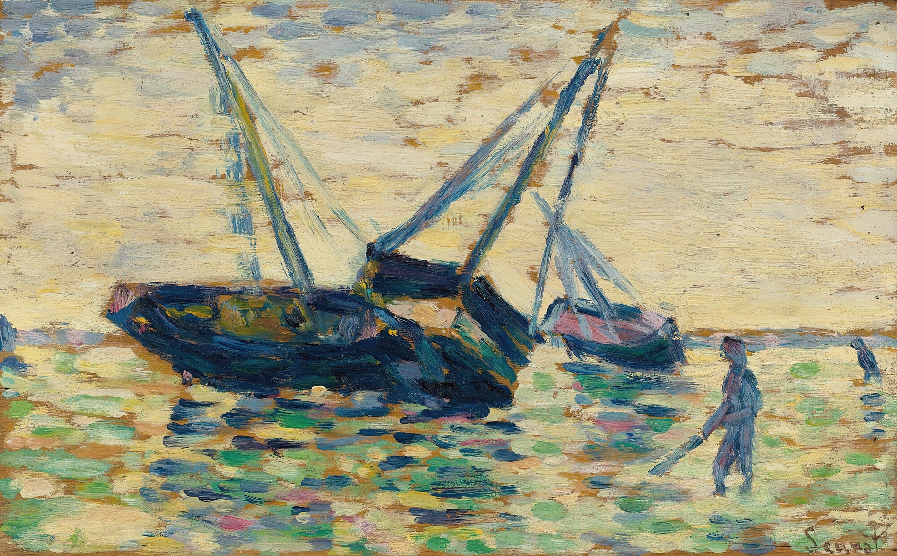 Trois Bateaux Et Un Marin, oil painting by Georges Seurat, featuring a sailor and boats on the sea.