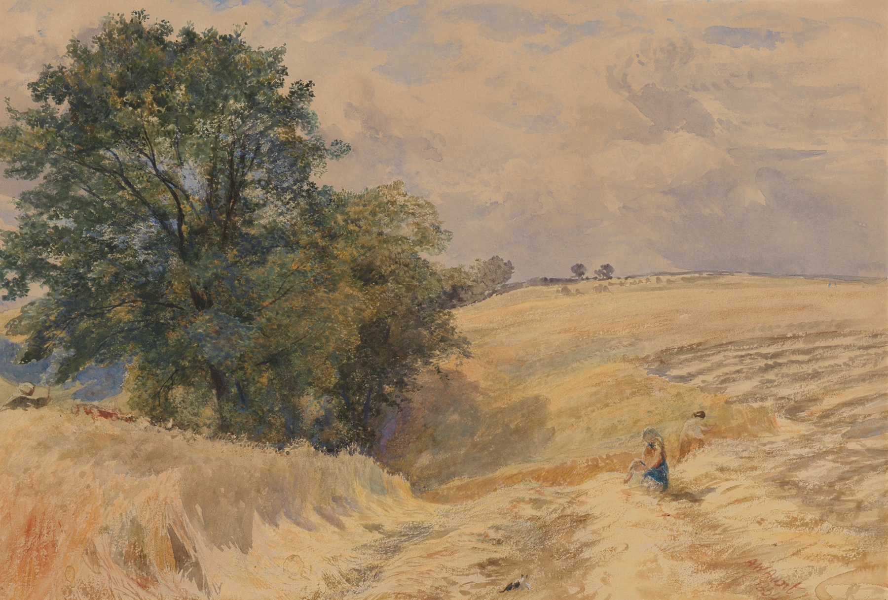 Landscape featuring a hayfield with sunlight and trees by Alfred William Hunt
