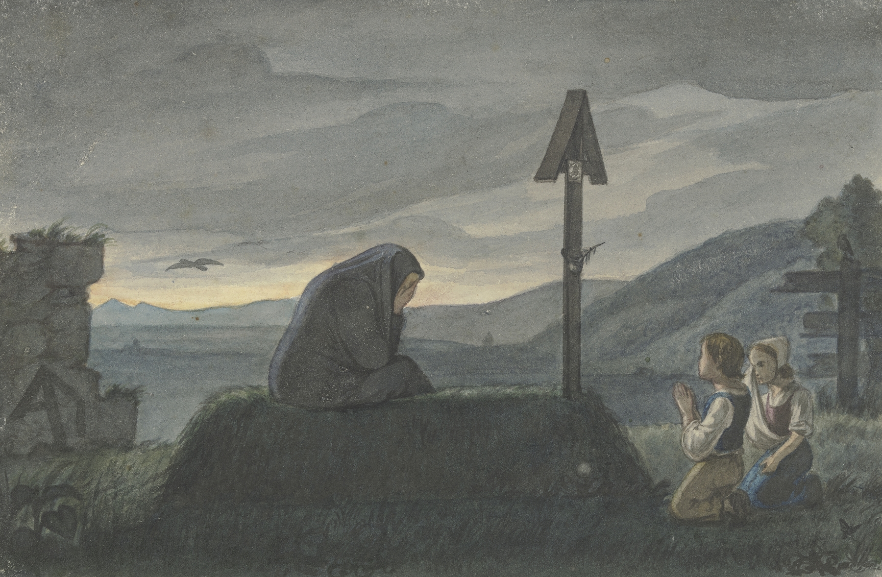 Figurative scene of a widow and children at a grave by Karl Sandhaas, oil painting