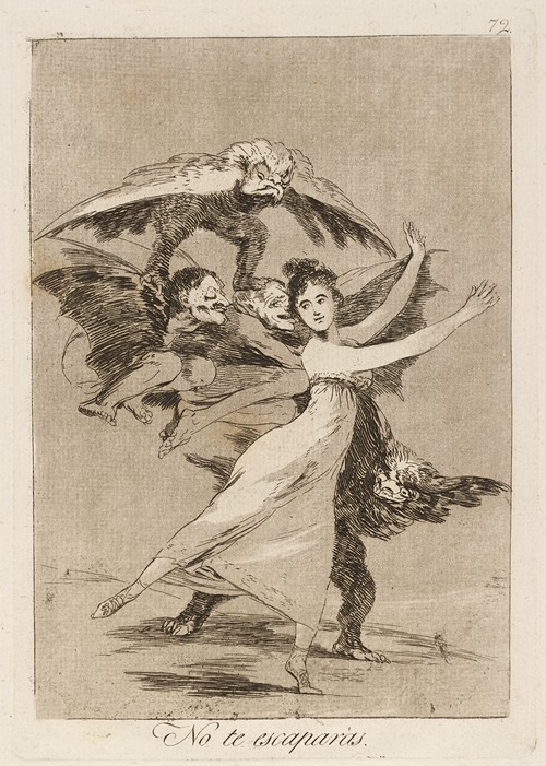 Goya's 'No te escaparás' depicts a haunting scene of inevitability.