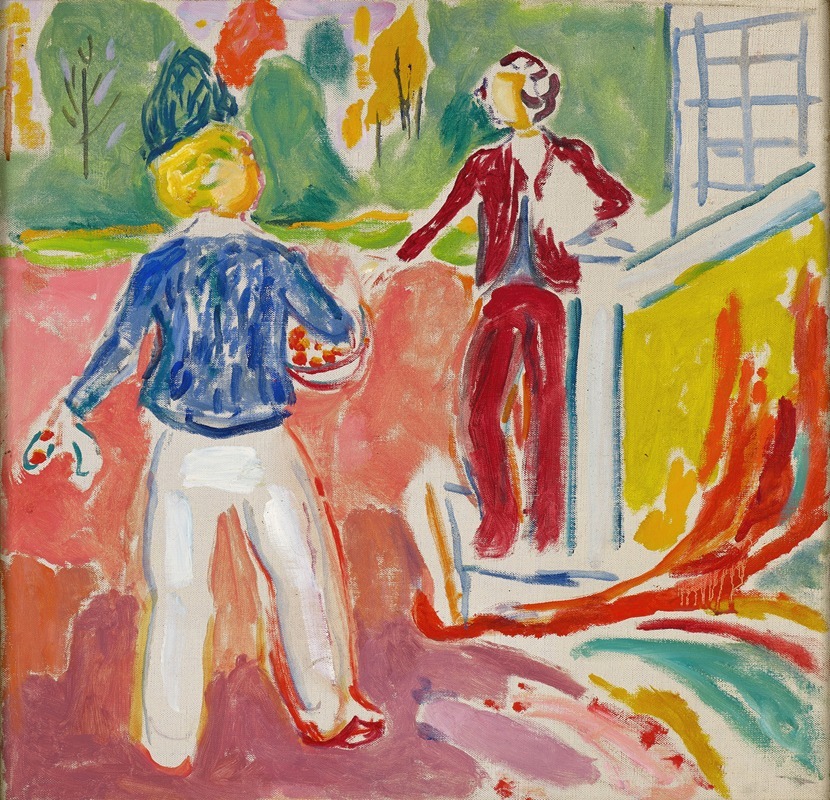 Two women stand by the veranda steps in Edvard Munch's expressive painting.