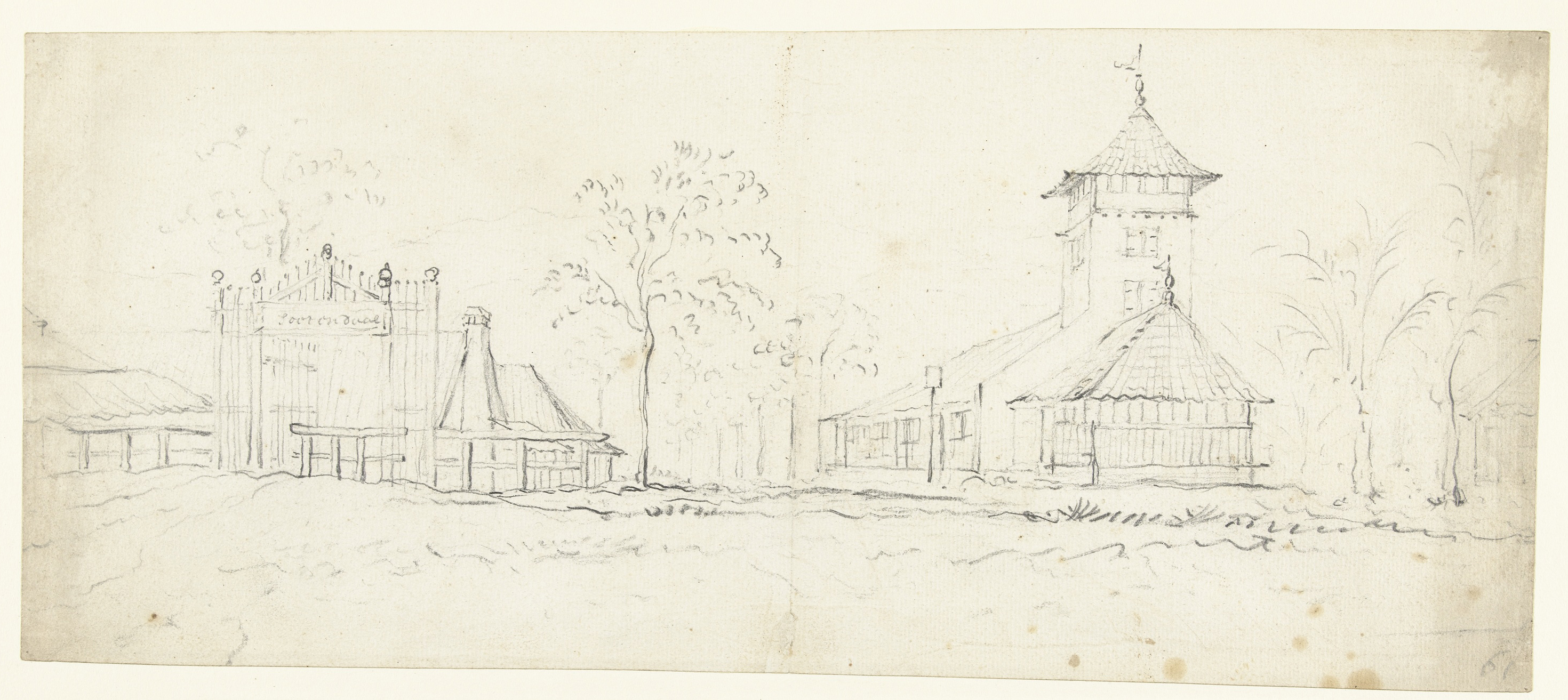 Landscape drawing of Buitenplaats Soorendaal met een kerk by Unknown Artist, featuring a church and tree line.