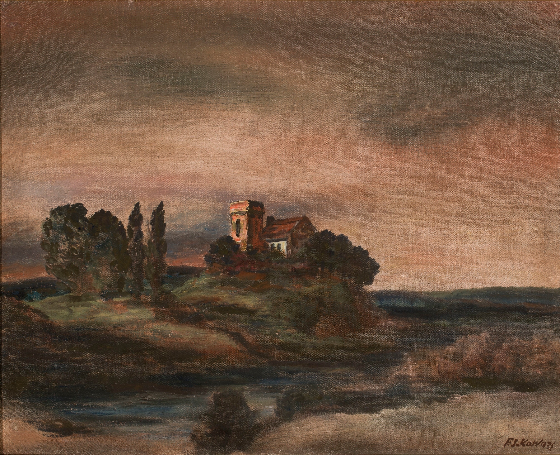 Landscape with ruins on a hill, oil on canvas by Felicjan Szczęsny Kowarski