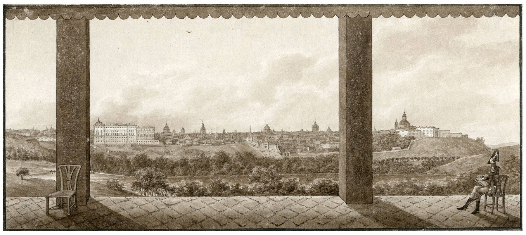 Watercolour by Otto Howen showing Madrid's landscape with La Casa del Campo.
