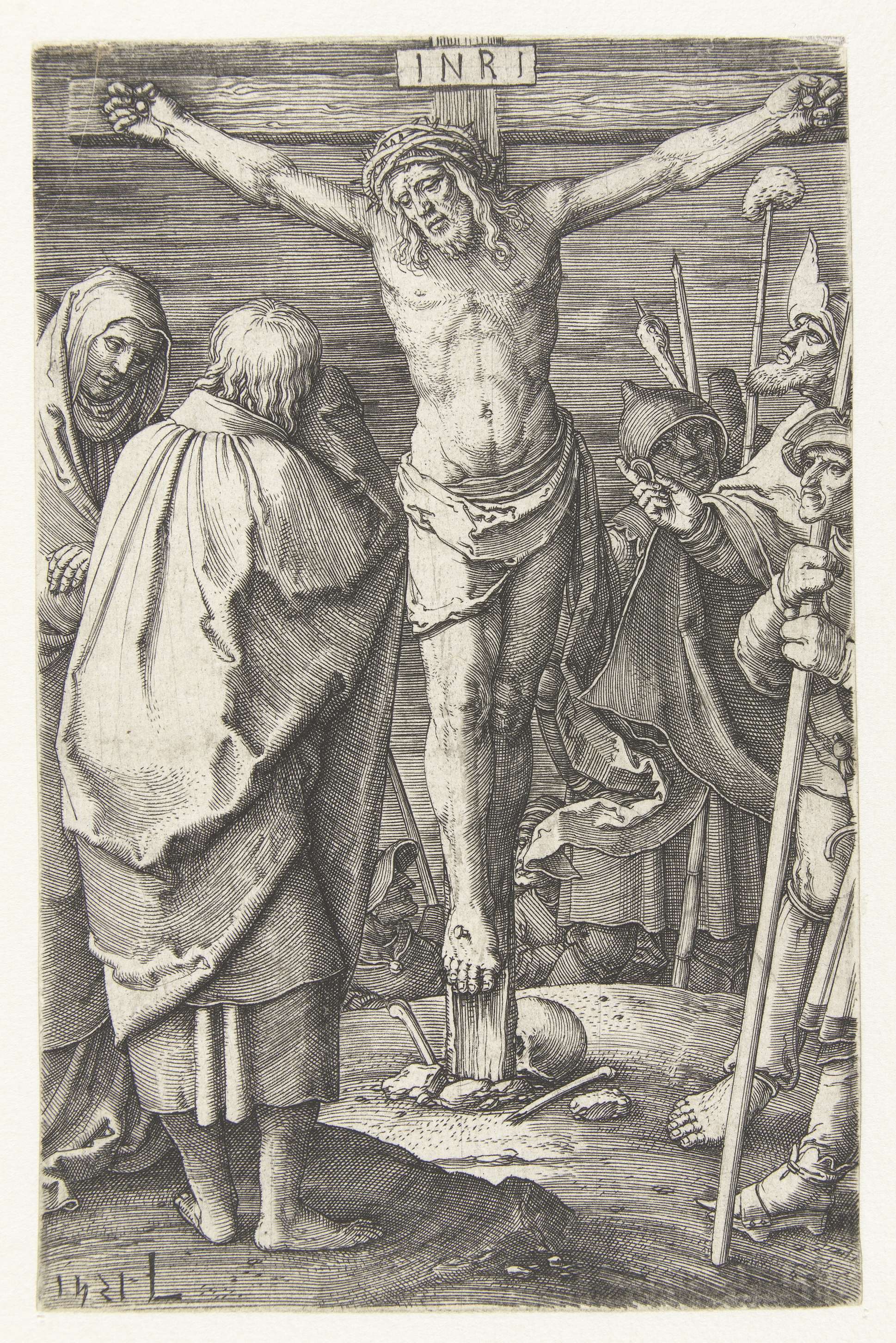 Engraving by Lucas van Leyden depicting Christ on the cross with dramatic light.