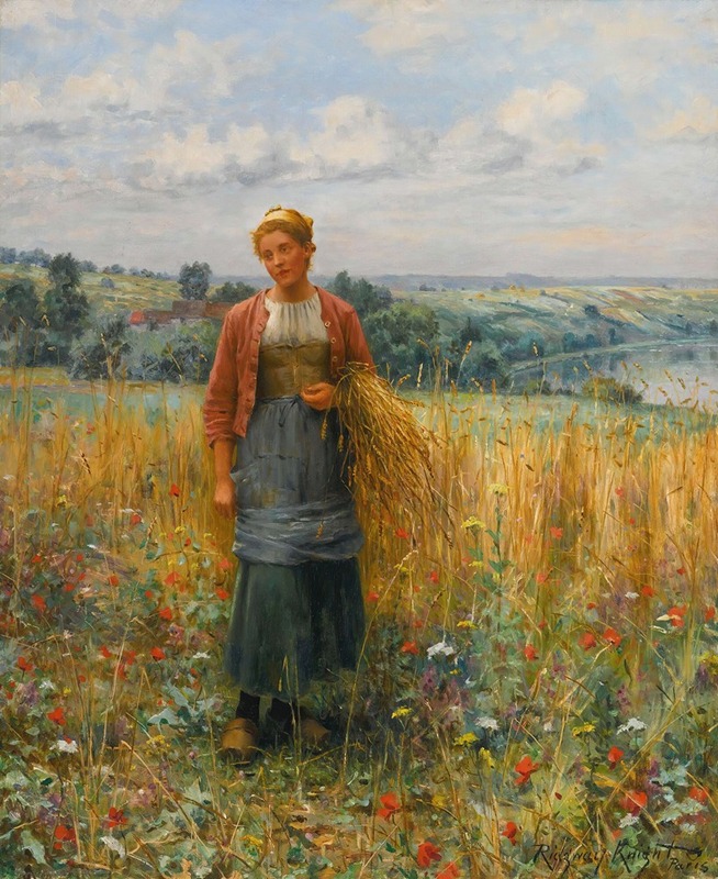 A depiction of a woman gleaning in a rural setting.
