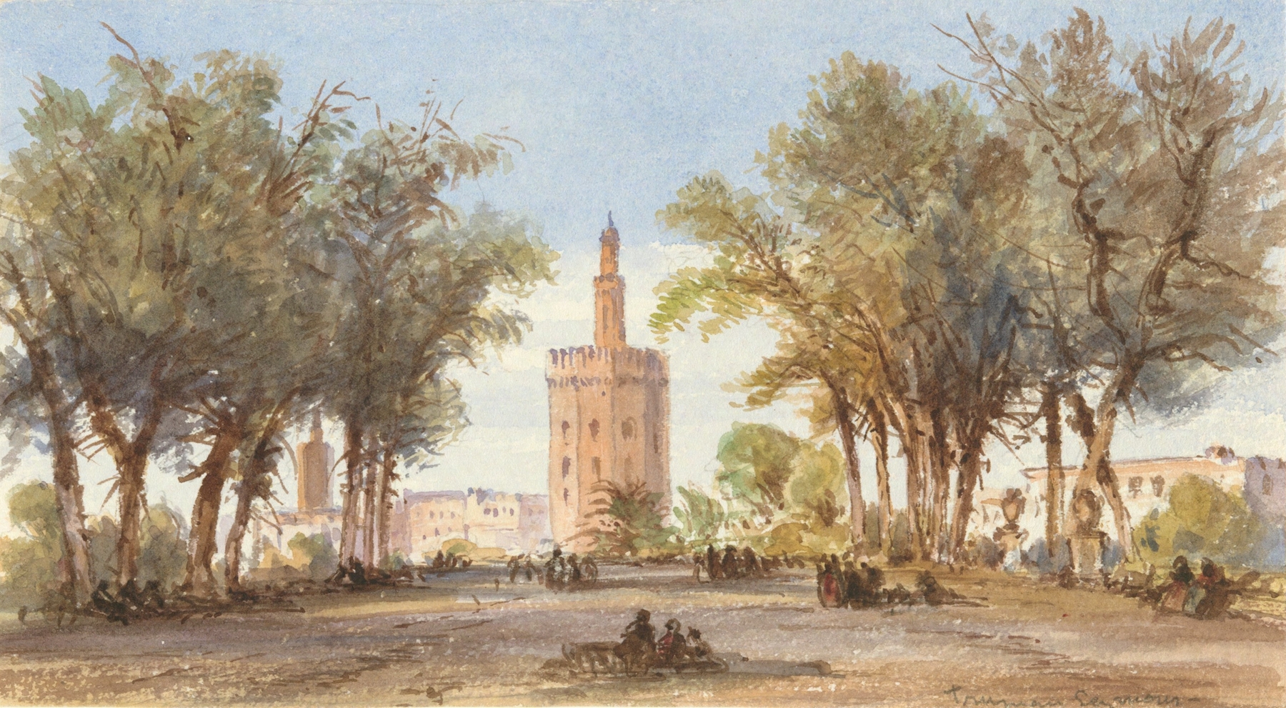 Torre d’Oro in Seville, oil painting by Truman Seymour, featuring golden light and river reflections.