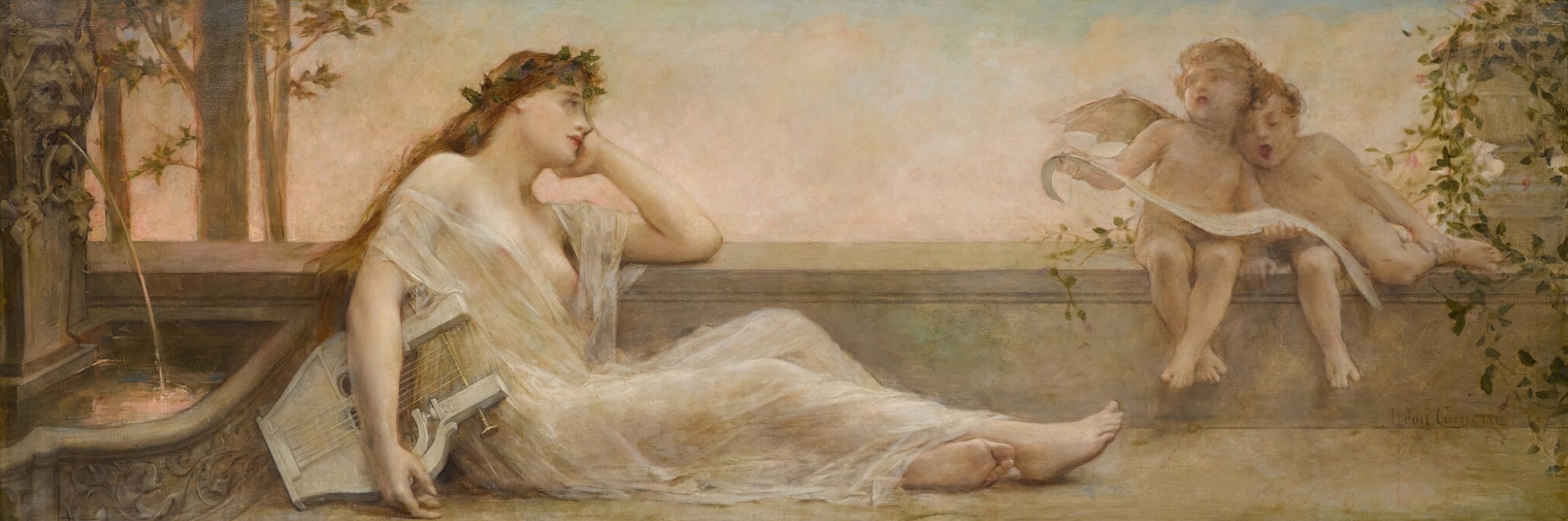 A woman daydreams in a serene dusk setting.