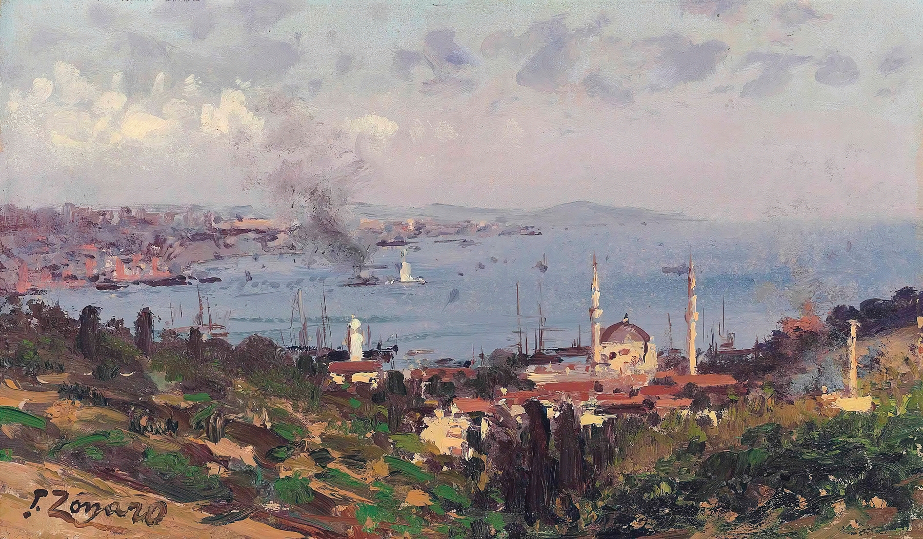 Landscape featuring Dolmabahçe Mosque, oil painting by Fausto Zonaro