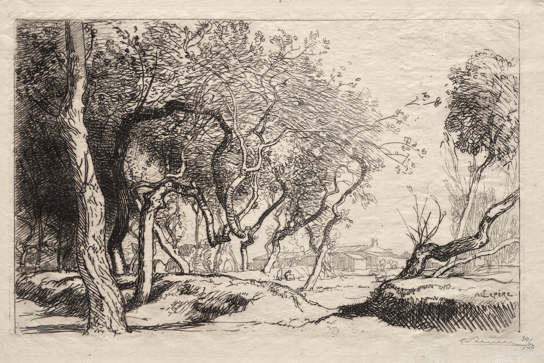 The Twisted Tree by Auguste Louis Lepère, depicting a gnarled tree with earthy tones, unknown medium.