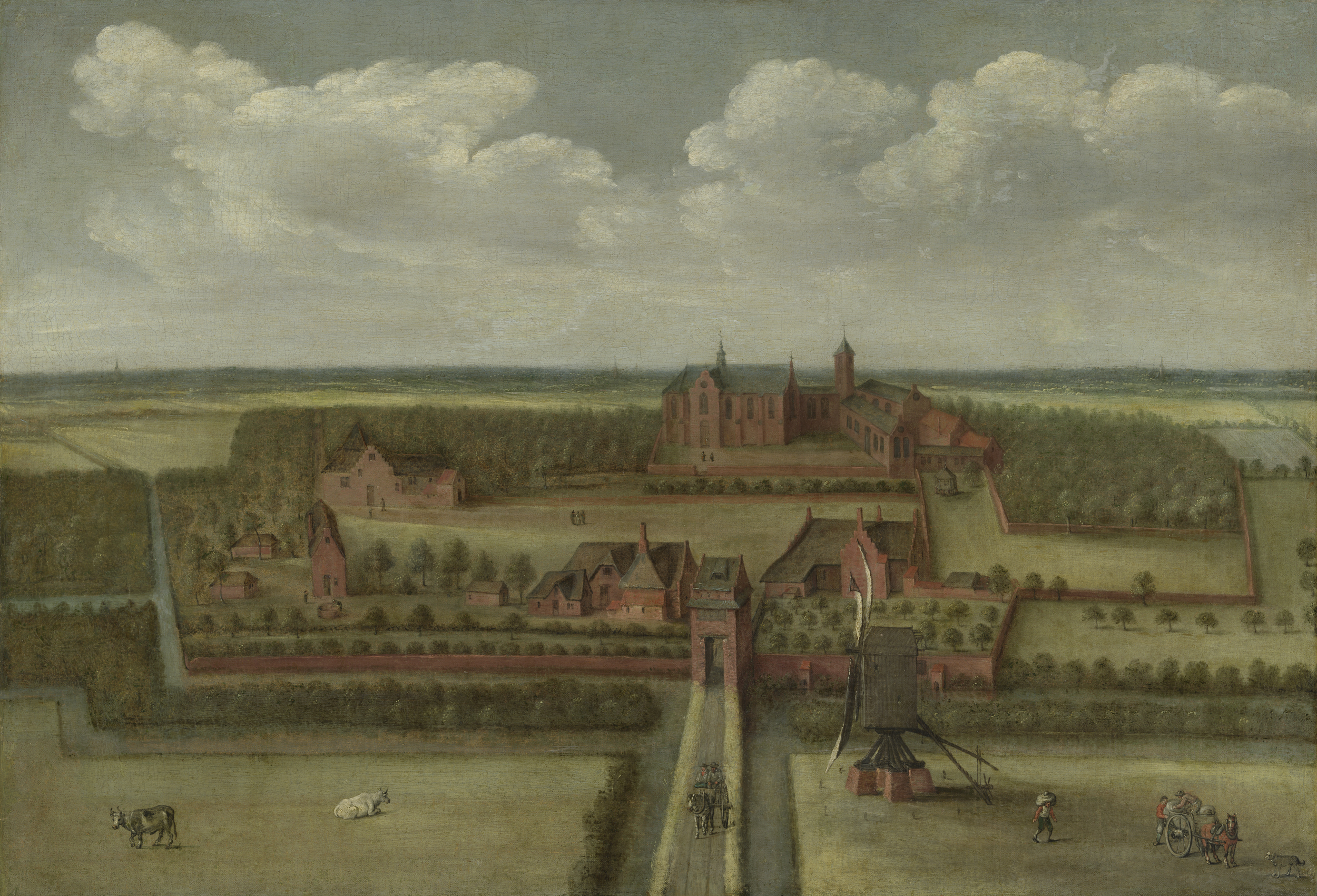 The Abbey of Leeuwenhorst in Rijnland, oil on canvas by Unknown Artist, features a tranquil abbey in golden light.
