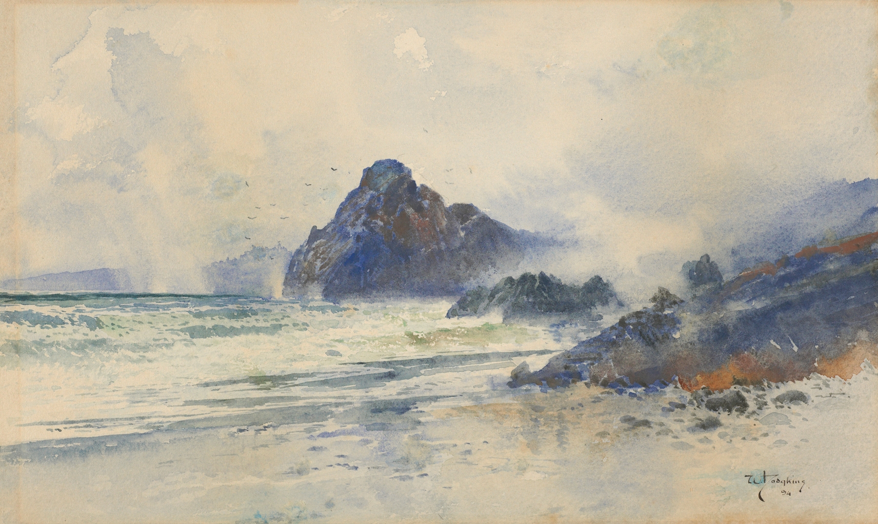Oil painting by William Mathew Hodgkins depicting a stormy marine landscape.