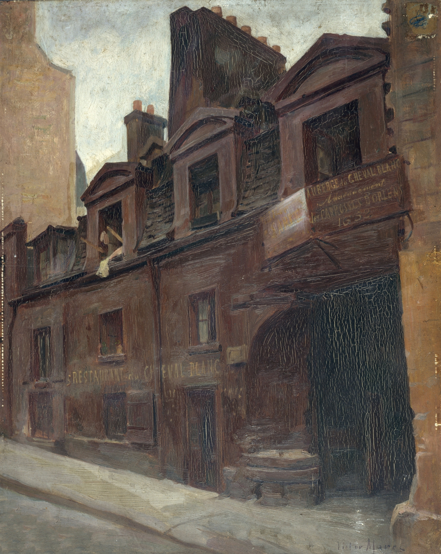 Genre scene oil painting by Victor Marec depicting an inn with travelers and lanterns.