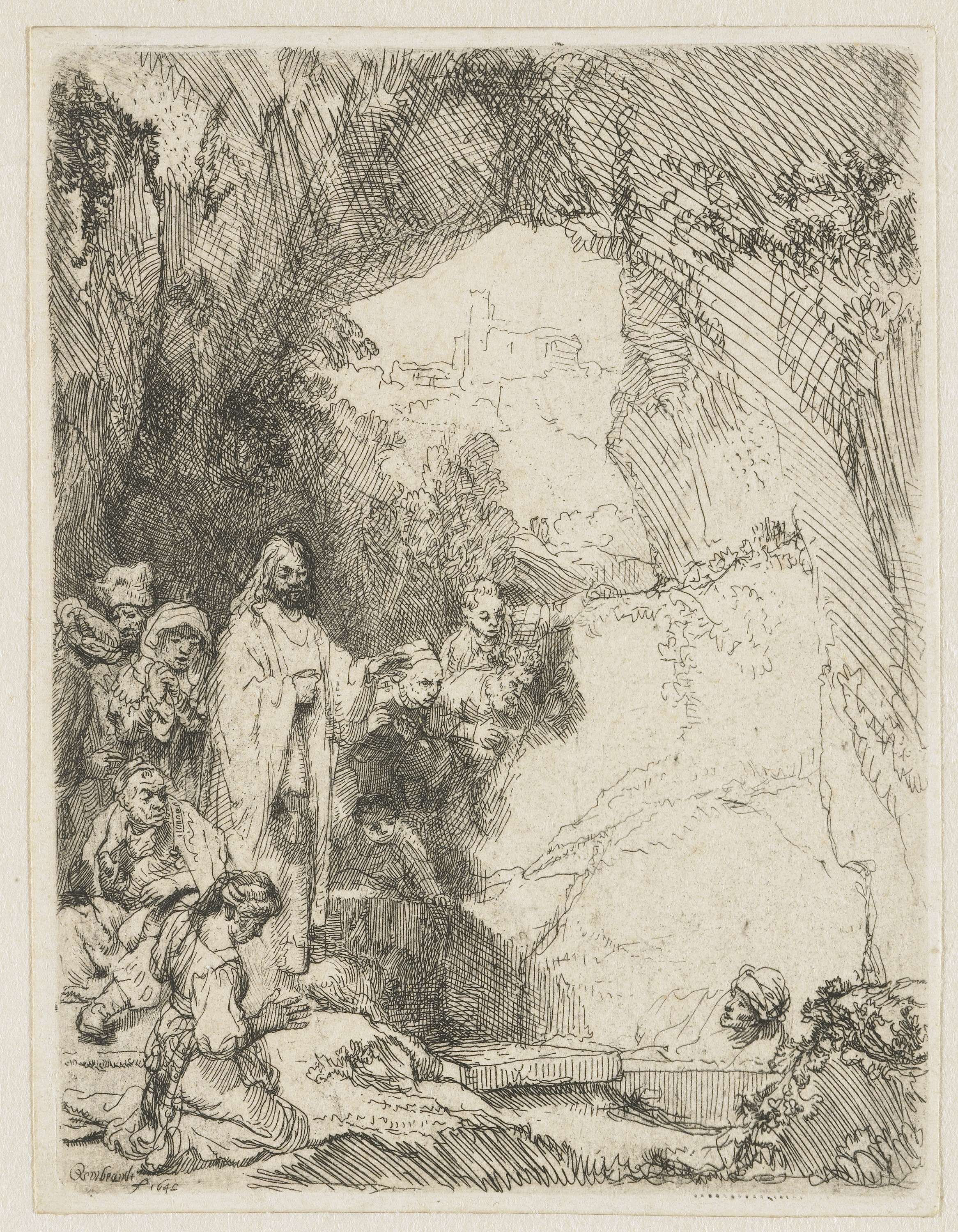 Etching by Rembrandt van Rijn depicting Lazarus emerging from darkness in The Raising of Lazarus