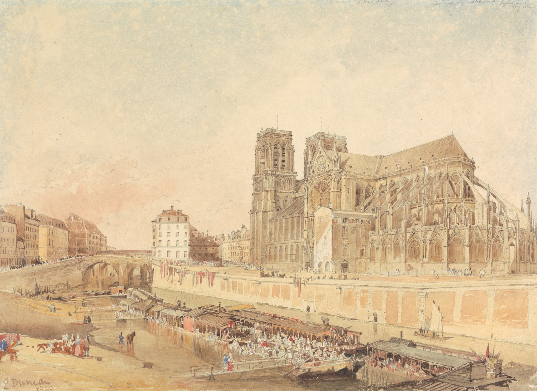 Notre Dame silhouette at dawn, oil on canvas by Edward Duncan
