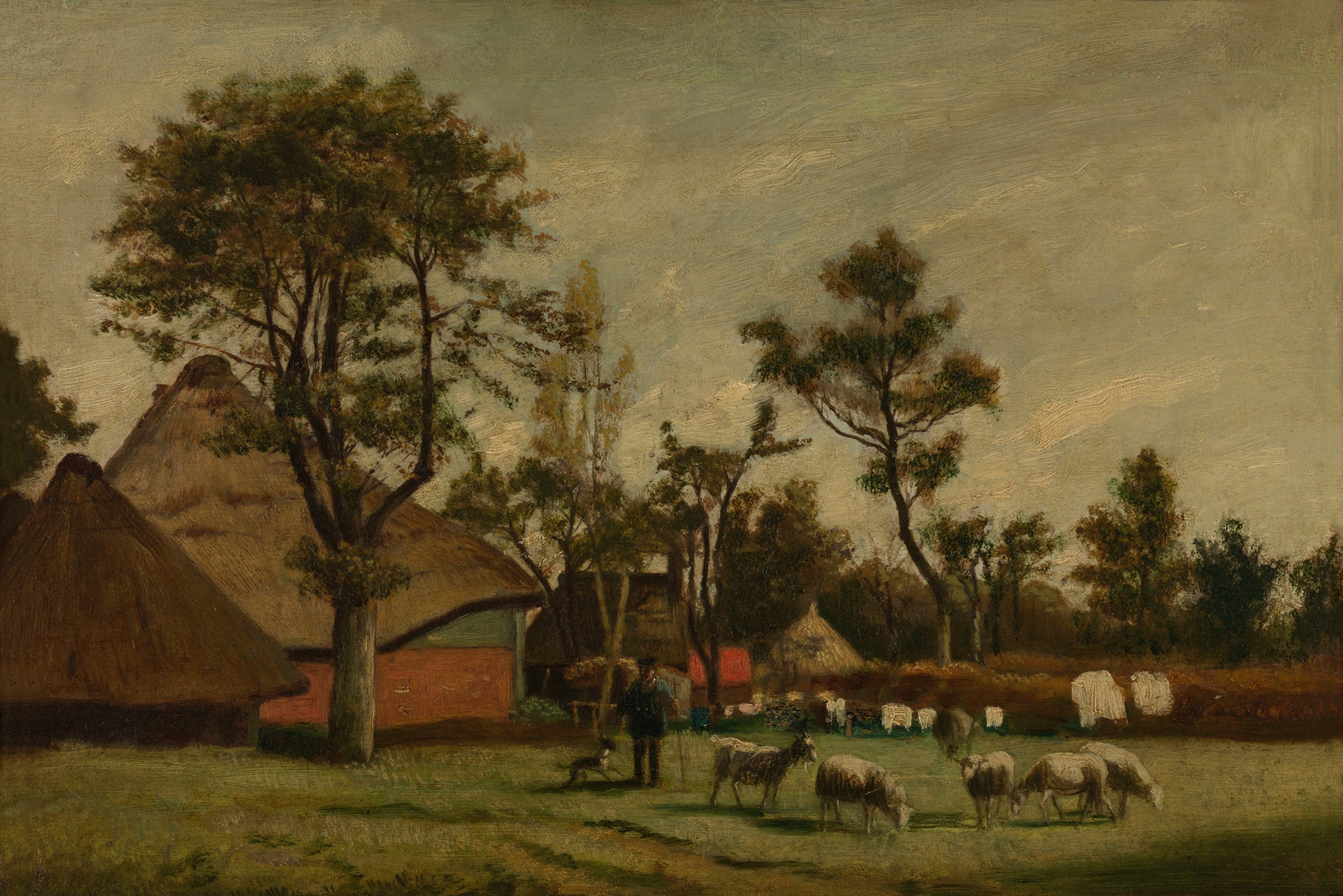 Farmhouse by Henri de Braekeleer, oil on canvas depicting a rustic farmhouse in golden light.